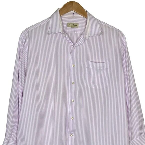 Tommy Bahama Mens Size 17.5 Striped Button Up Shirt Long Sleeve Lilac White - Picture 2 of 8